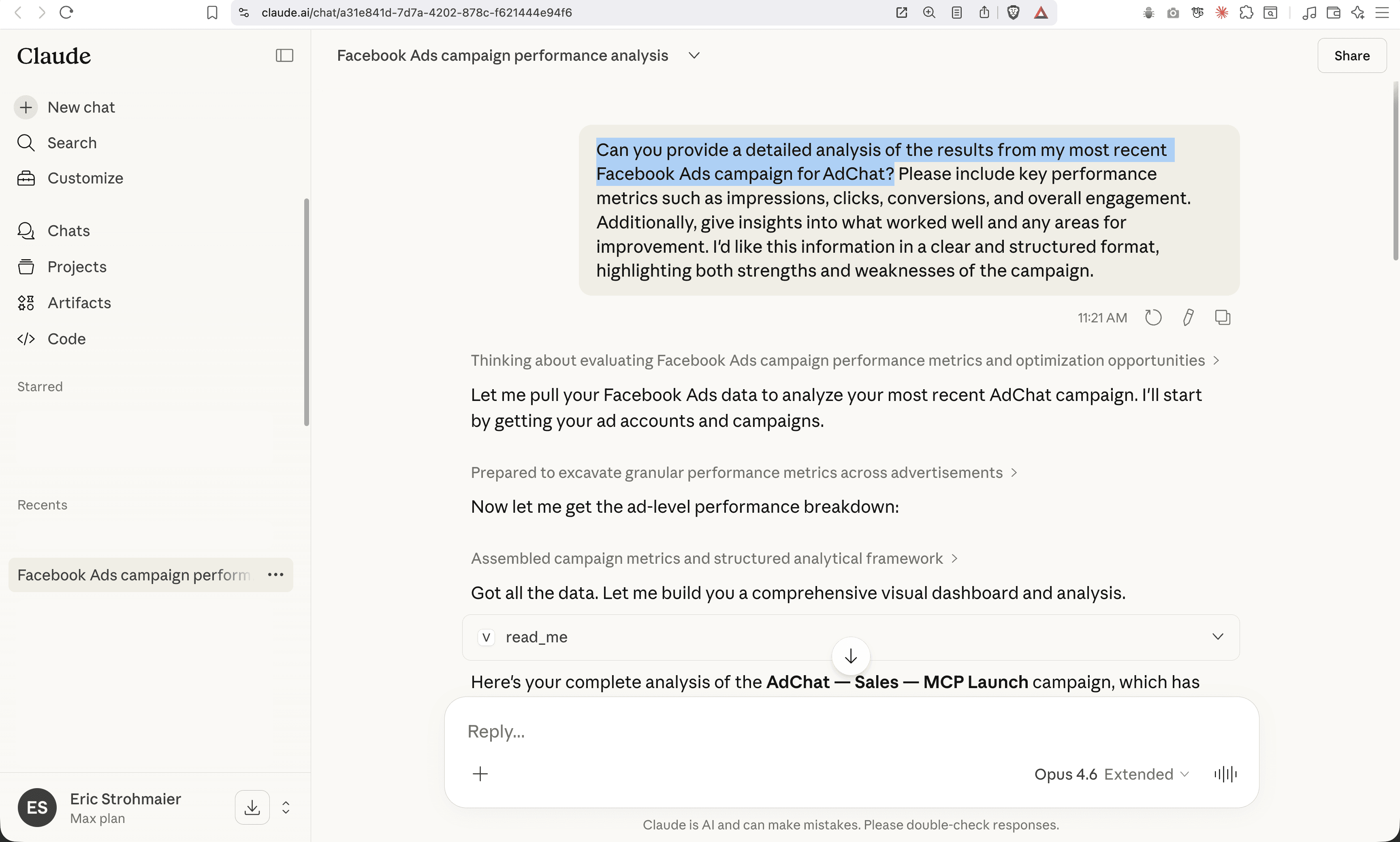 AdChat generating a full campaign dashboard inside Claude AI