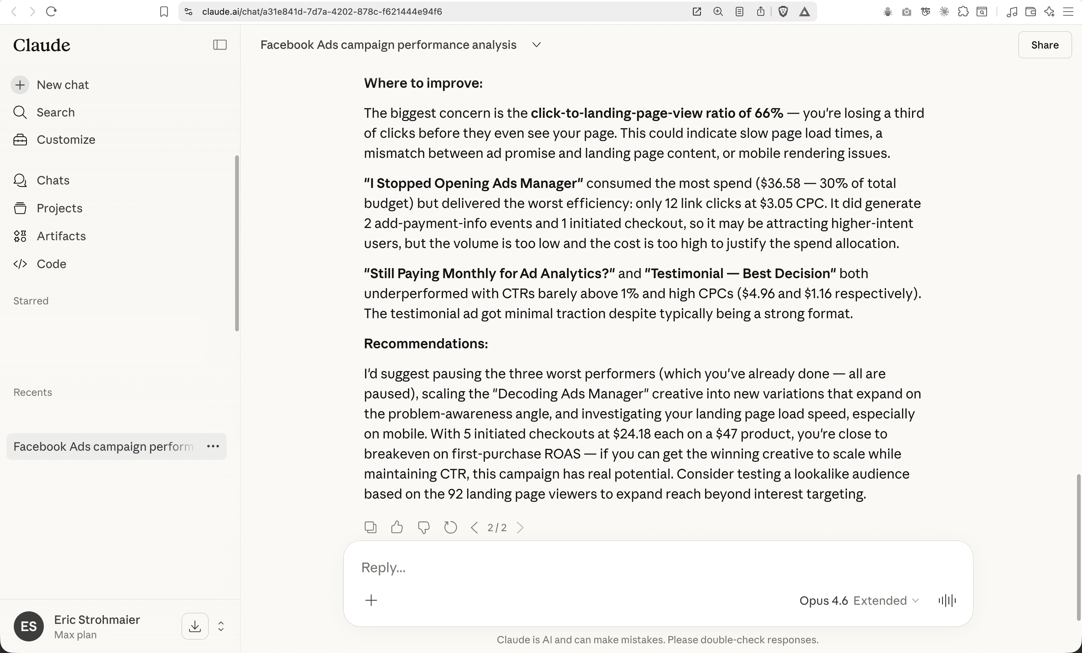 AdChat showing funnel breakdown and key takeaways inside Claude AI